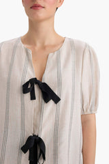 Regular Fit Crew Neck Linen Blend Front Tie Short Sleeve Blouse