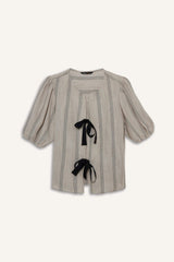 Regular Fit Crew Neck Linen Blend Front Tie Short Sleeve Blouse