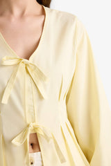 Fitted V-Neck Front Tie Poplin Long-Sleeve Blouse