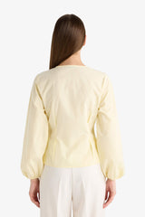 Fitted V-Neck Front Tie Poplin Long-Sleeve Blouse