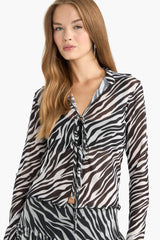 Fitted Polo Collar Zebra Patterned Front Tie Tulle Blouse
