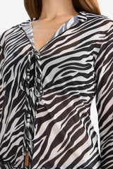 Fitted Polo Collar Zebra Patterned Front Tie Tulle Blouse