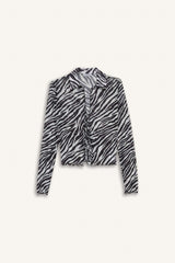 Fitted Polo Collar Zebra Patterned Front Tie Tulle Blouse