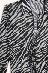 Fitted Polo Collar Zebra Patterned Front Tie Tulle Blouse