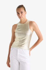 Slim Fit Narrow Cut Halter Neck Ribbed Camisole Shiny Fabric Tank Top