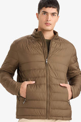 Water-repellent goose down jacket with slim fit, narrow cut, stand-collar, inner pocket detail, and zippered pockets.