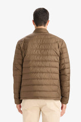Water-repellent goose down jacket with slim fit, narrow cut, stand-collar, inner pocket detail, and zippered pockets.