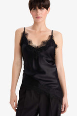 Regular Fit V-Neck Lace Detailed Satin Thin Strappy Blouse