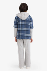 Boys 2-Piece Set: Checked Shirt with Detachable Hood and Sweatpants