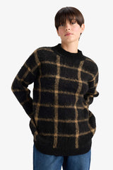 Oversize Loose Fit Half Turtleneck Plaid Knit Sweater