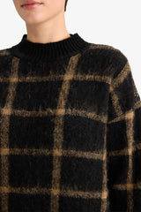 Oversize Loose Fit Half Turtleneck Plaid Knit Sweater