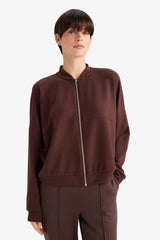 College Collar Basic Plain Zip-Up Bomber Cardigan