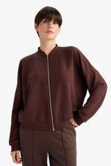 College Collar Basic Plain Zip-Up Bomber Cardigan