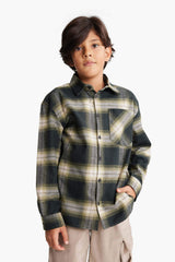 Boys Oversize Wide Pattern Polo Collar Checkered Flannel Long Sleeve Shirt