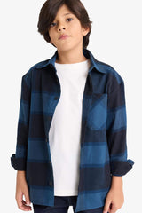 Boys Oversize Loose Fit Polo Collar Plaid Flannel Long-Sleeve Shirt