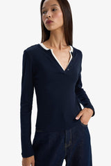 Slim Fit, Narrow Cut, Button-Down Collar, Ribbed Long-Sleeve T-Shirt