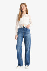 Straight Fit High Waist Long Washed Jeans