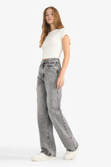 Straight Fit High Waist Long Washed Jeans