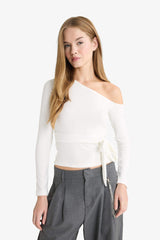 Fitted One-Shoulder Blouse with Tie Detail and Long Sleeves
