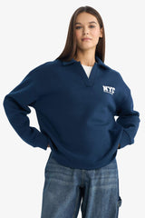 Oversize Loose Fit Polo Collar Printed Sweatshirt