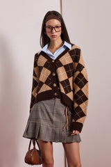 Regular Fit V-Neck Diamond Pattern Buttoned Cardigan