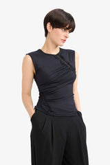 Slim Fit Narrow Cut Crew Neck Sleeveless Blouse with Lace Detail