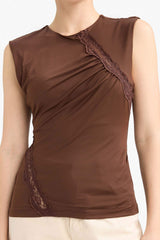 Slim Fit Narrow Cut Crew Neck Sleeveless Blouse with Lace Detail