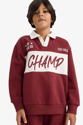 Boys Oversize, Loose Fit, Polo Collar, Printed Sweatshirt with Soft, Fleece Lining