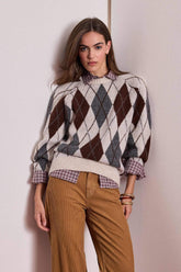 Oversize Loose Fit Crew Neck Diamond Pattern Knit Sweater