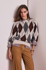 Oversize Loose Fit Crew Neck Diamond Pattern Knit Sweater