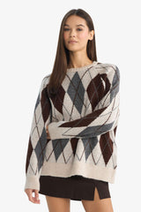 Oversize Loose Fit Crew Neck Diamond Pattern Knit Sweater