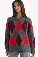 Oversize Loose Fit Crew Neck Diamond Pattern Knit Sweater