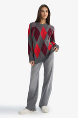 Oversize Loose Fit Crew Neck Diamond Pattern Knit Sweater