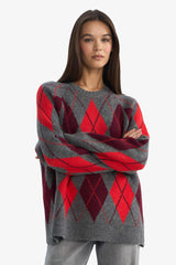 Oversize Loose Fit Crew Neck Diamond Pattern Knit Sweater