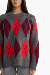 Oversize Loose Fit Crew Neck Diamond Pattern Knit Sweater