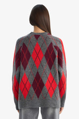 Oversize Loose Fit Crew Neck Diamond Pattern Knit Sweater