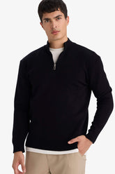 Standard Fit Zip-Up High Neck Knit Sweater