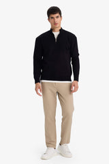 Standard Fit Zip-Up High Neck Knit Sweater