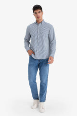 Regular Fit Polo Collar Striped Crinkle Long Sleeve Shirt