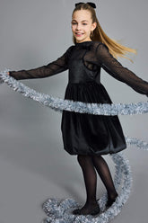 Girls Christmas Themed 2-Piece Set: Long-Sleeved Tulle Blouse and Velvet Strappy Dress