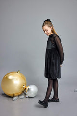 Girls Christmas Themed 2-Piece Set: Long-Sleeved Tulle Blouse and Velvet Strappy Dress