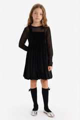 Girls Christmas Themed 2-Piece Set: Long-Sleeved Tulle Blouse and Velvet Strappy Dress