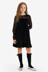 Girls Christmas Themed 2-Piece Set: Long-Sleeved Tulle Blouse and Velvet Strappy Dress