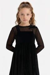 Girls Christmas Themed 2-Piece Set: Long-Sleeved Tulle Blouse and Velvet Strappy Dress