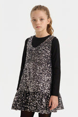 Girls Christmas Themed 2-Piece Set: Long-Sleeved T-shirt and Sequined Sleeveless Dress