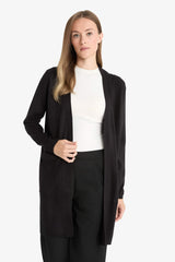 Regular Fit V Neck Basic Plain Pocket Long Black Knitwear Cardigan