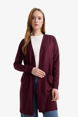 Regular Fit V Neck Basic Plain Pocket Long Black Knitwear Cardigan