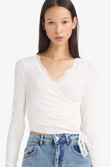 Fitted V-Neck Long-Sleeve T-Shirt with Lace Detail