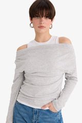 Slim Fit Narrow Cut One Shoulder Double Layer Ribbed Long Sleeve T-Shirt