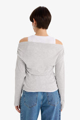 Slim Fit Narrow Cut One Shoulder Double Layer Ribbed Long Sleeve T-Shirt